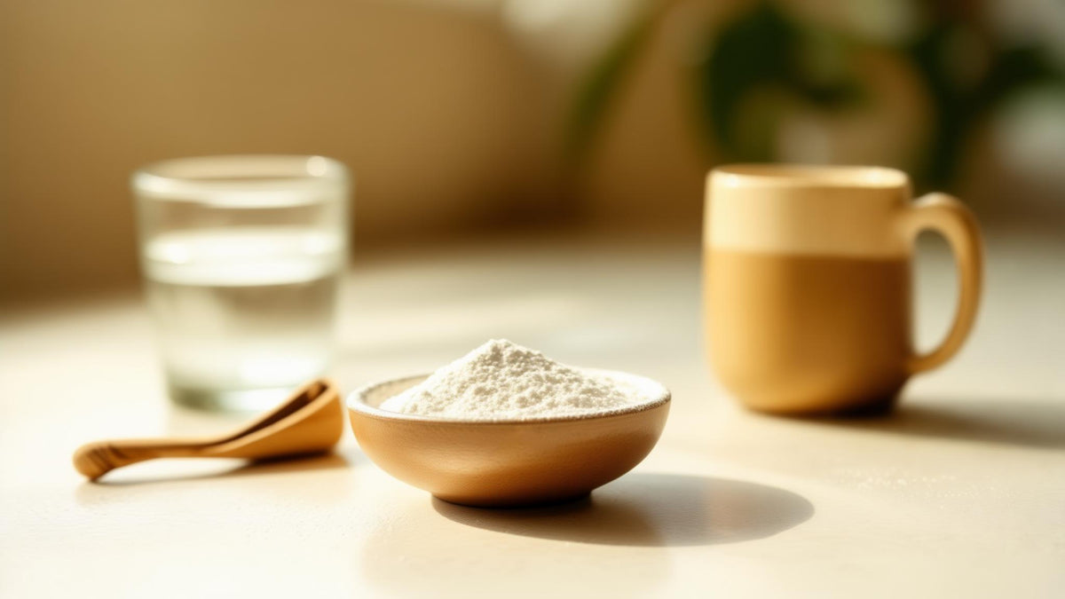A bowl of collagen powder with a wooden scoop beside a glass of water and a mug of coffee