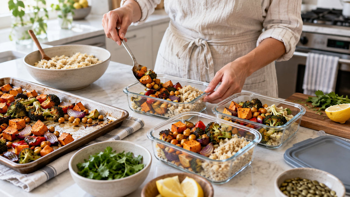 Hands spooning roasted vegetables and chickpeas onto brown rice in glass meal-prep containers in a bright kitchen