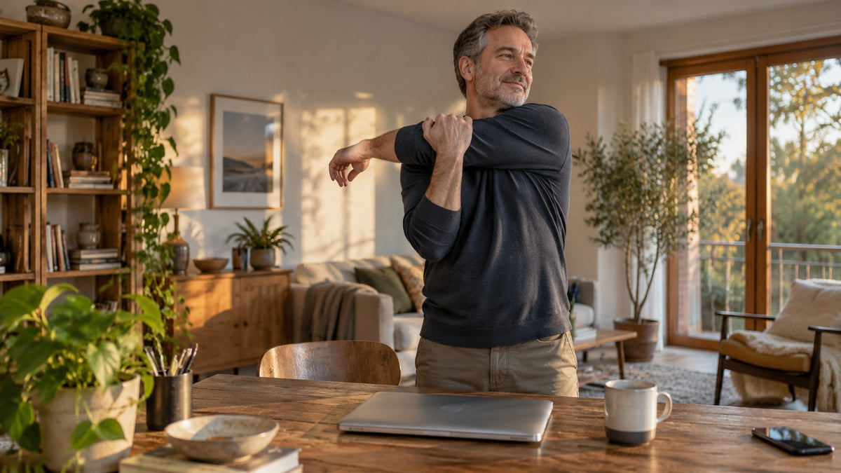 Man stretching his shoulder beside a wooden desk with a laptop and mug in a sunlit living room
