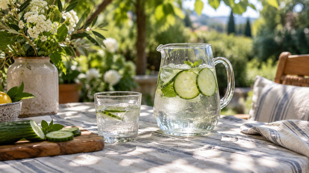 Glass pitcher of cucumber mint water and a filled glass on a striped tablecloth in a sunny garden