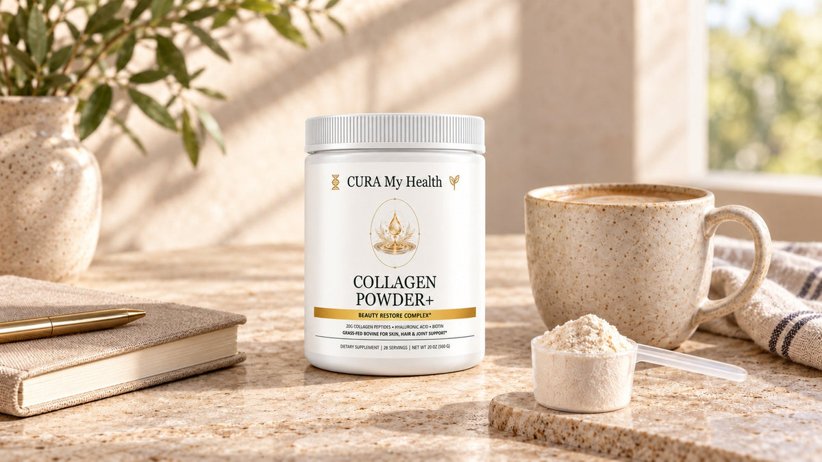 Collagen Powder+ tub beside a coffee mug and a scoop of fine cream-colored powder on a stone counter