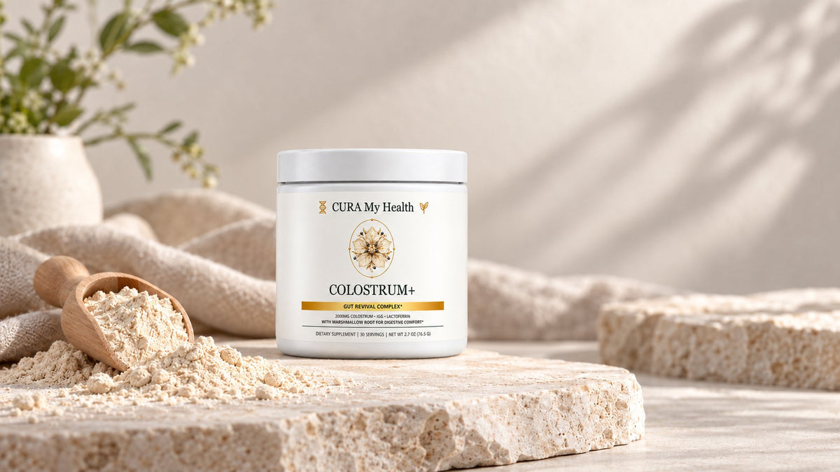 Colostrum+ jar on a stone slab beside a wooden scoop of colostrum powder in soft daylight
