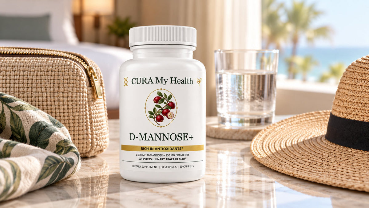 D-Mannose+ bottle on a sunny counter beside a glass of water, a straw hat and a woven bag