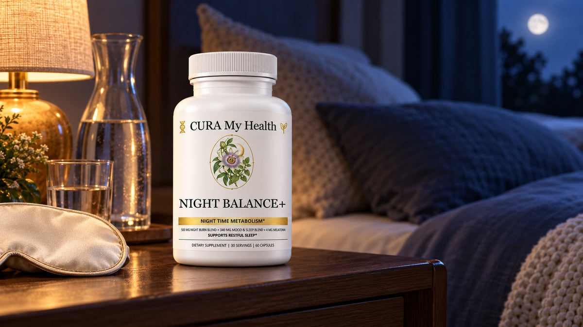 Night Balance+ bottle on a bedside table with a lamp, water and a sleep mask