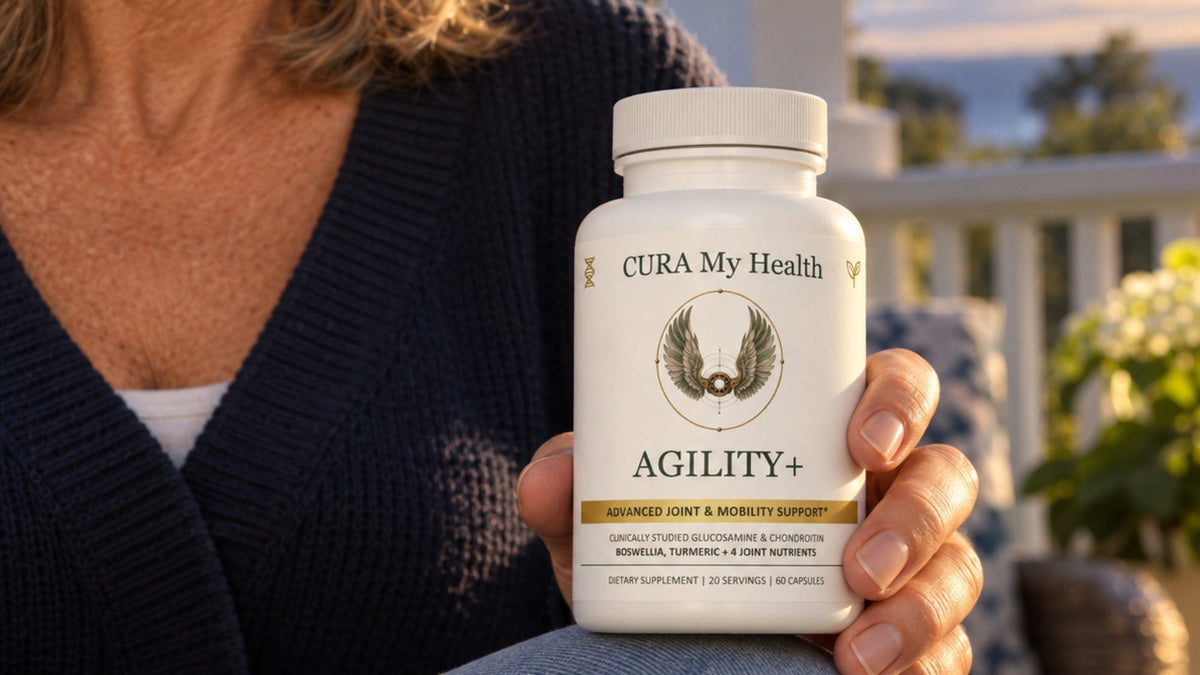 A person holding an Agility+ bottle on a porch by the water
