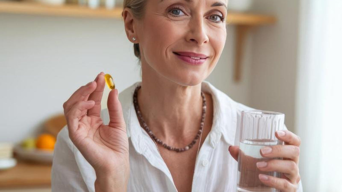 Smiling woman in a bright kitchen holding a golden softgel and a glass of water