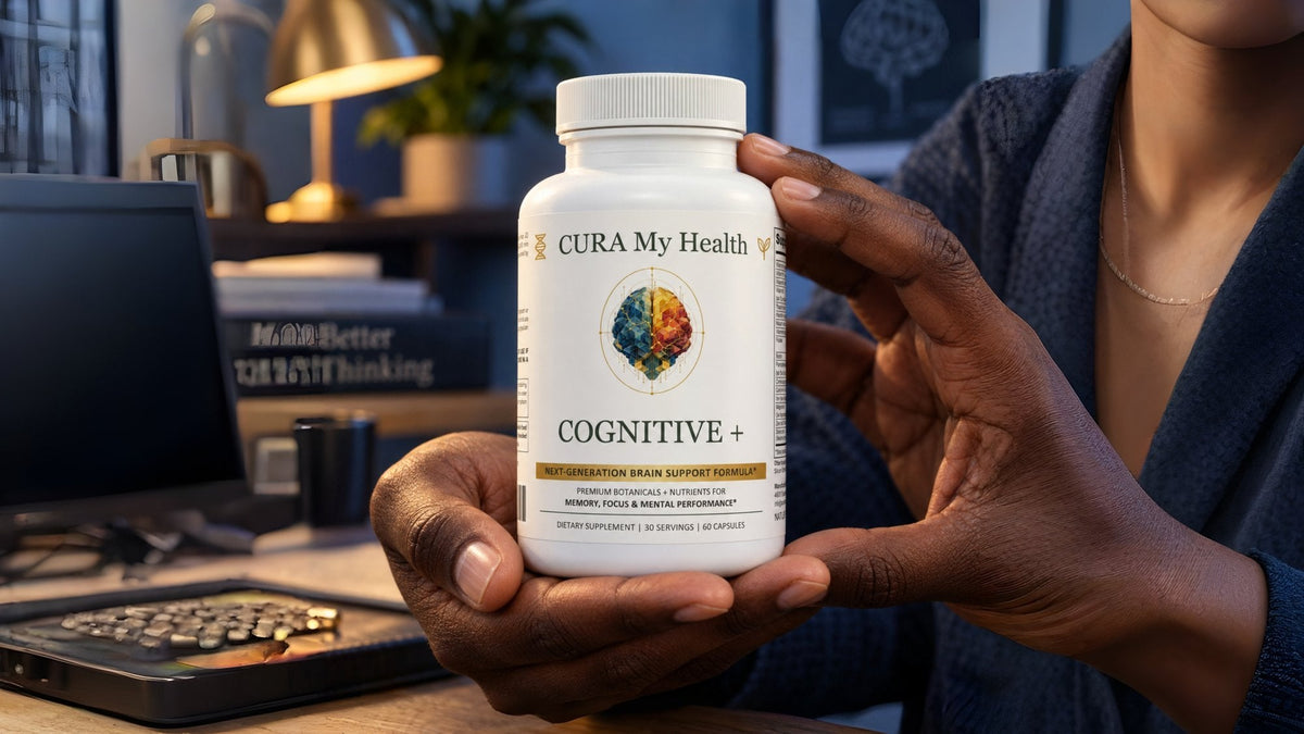 A person holding a Cognitive + bottle in a study