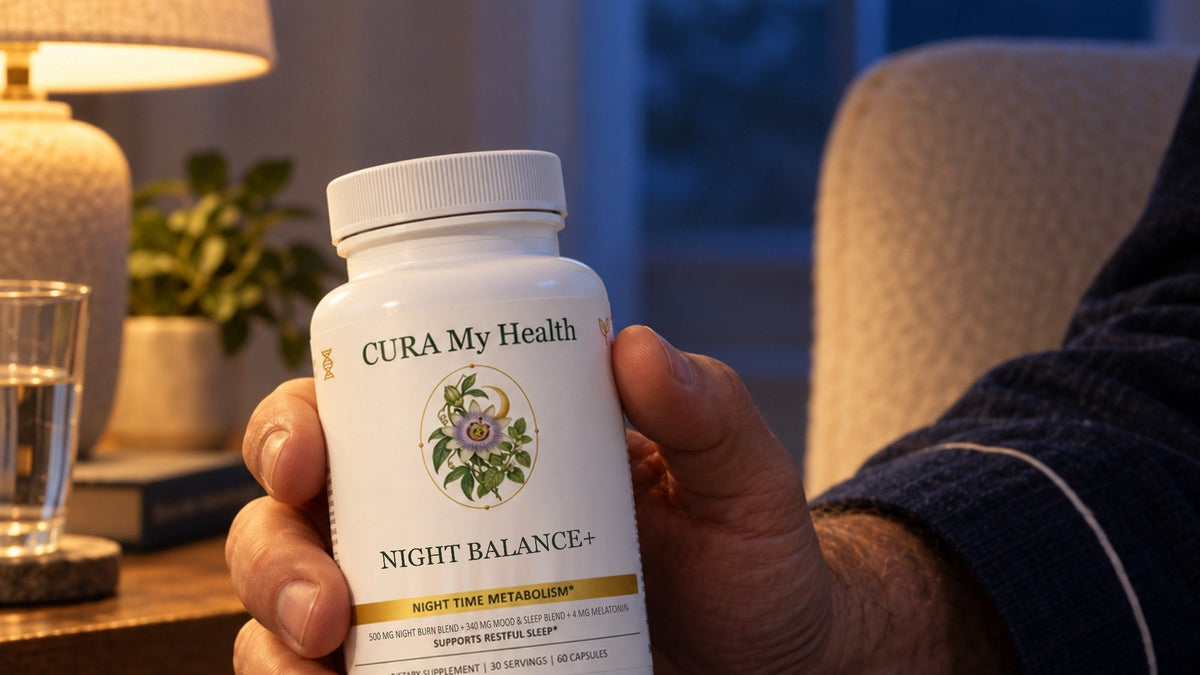 A person holding a Night Balance+ bottle beside a bedside lamp