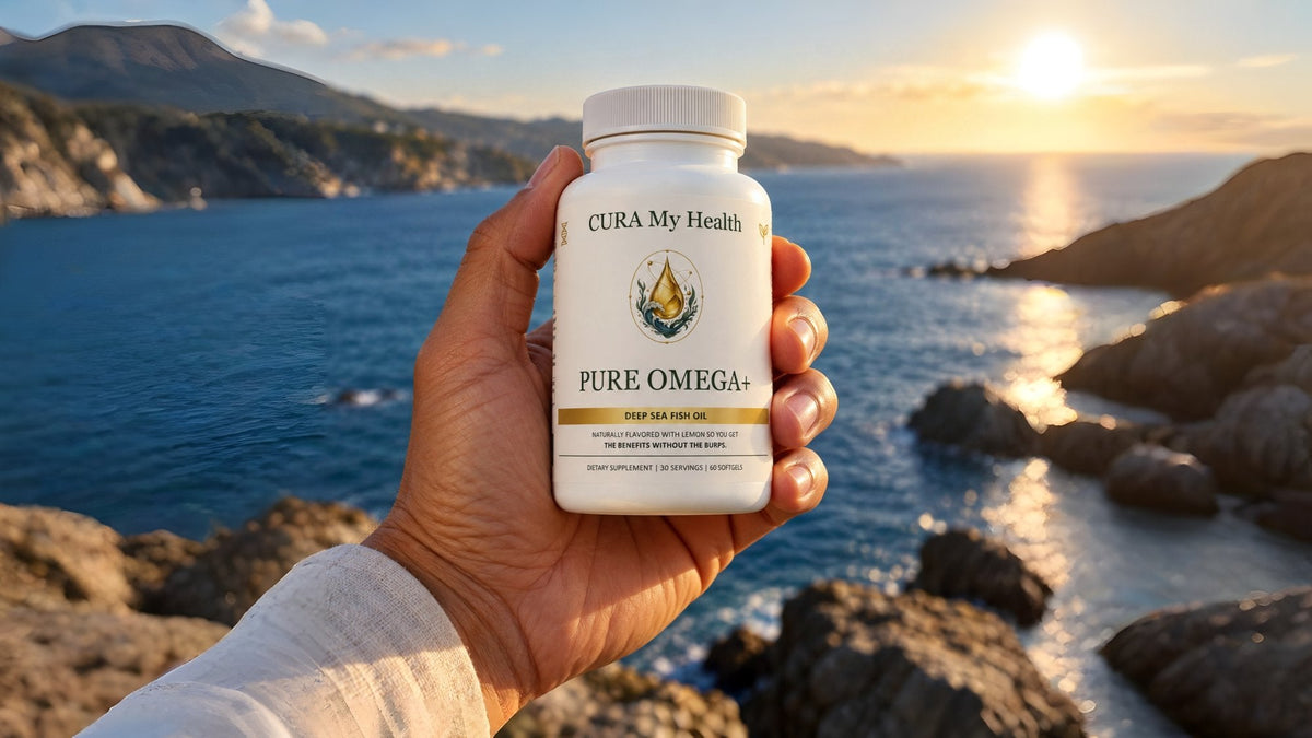 A hand holding a Pure Omega+ bottle on a rocky coastline