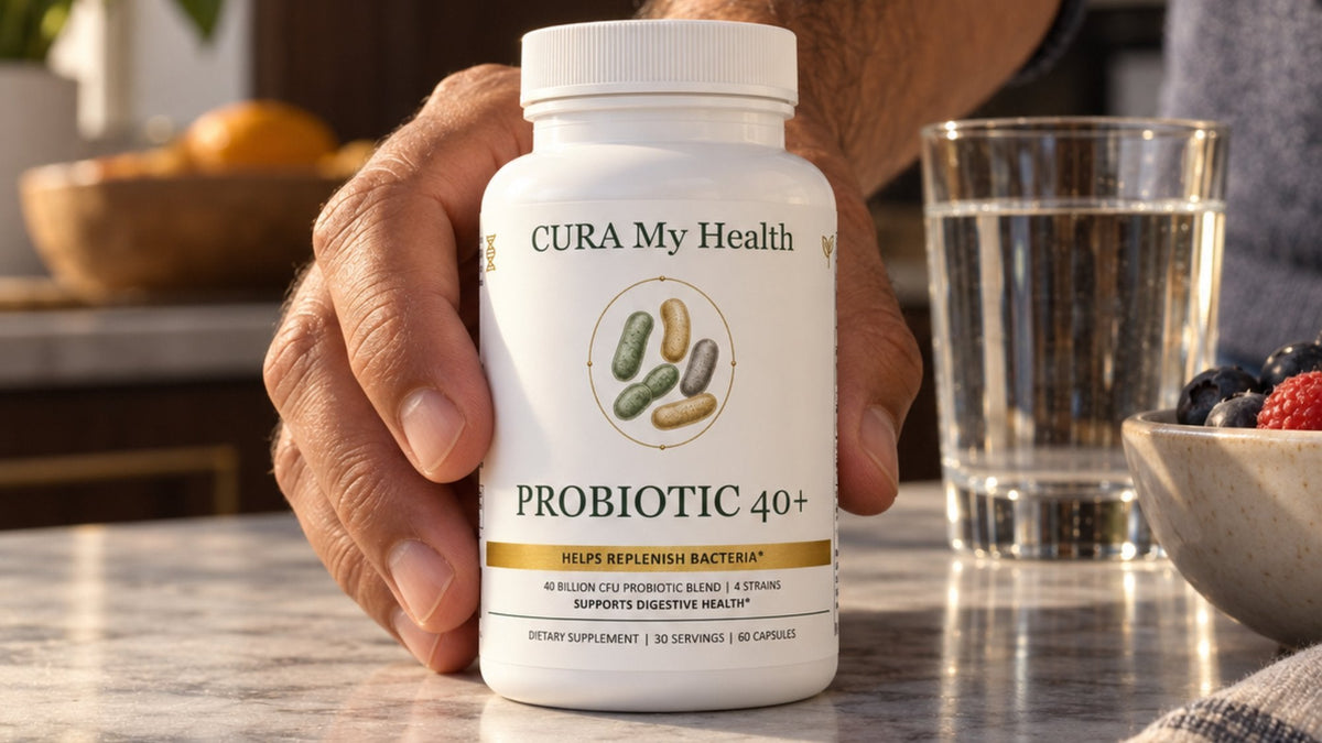 A hand holding a Probiotic 40+ bottle at a breakfast table