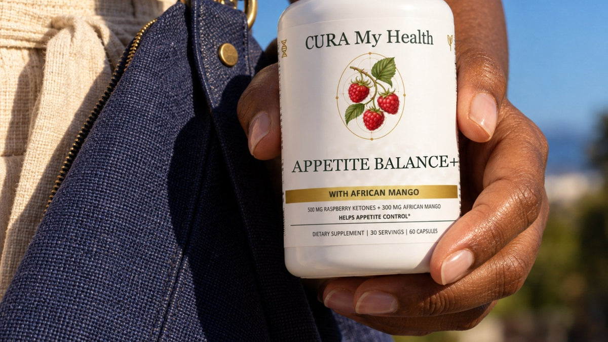 A person holding an Appetite Balance+ bottle with a shoulder bag outdoors
