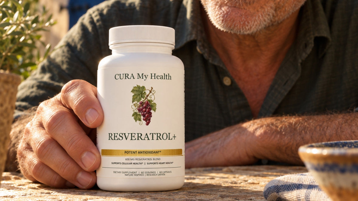 Resveratrol+ bottle on a table beside a person smiling at breakfast outdoors