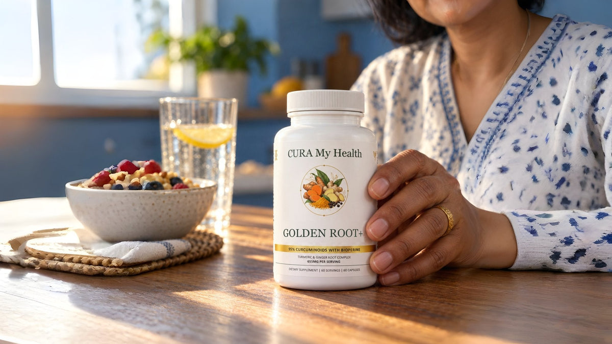 A hand holding a Golden Root+ bottle at a breakfast table