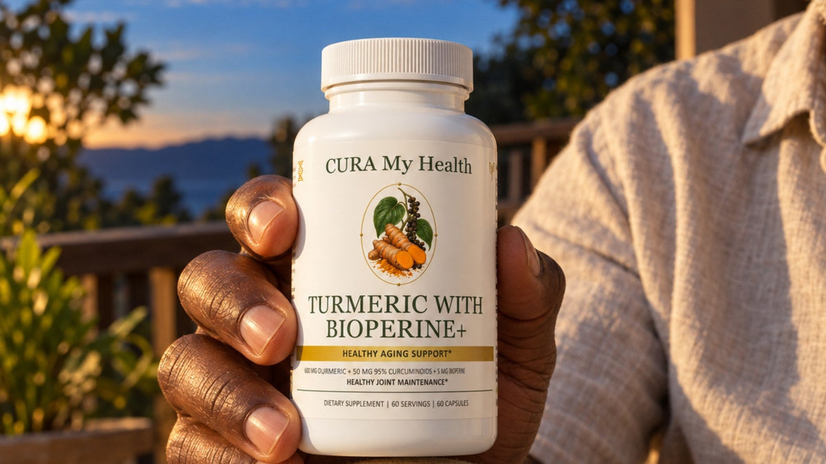 A person holding a Turmeric with BioPerine+ bottle on a deck by the water