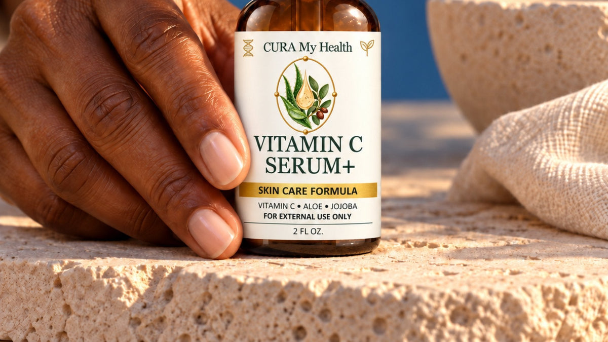 A hand holding a Vitamin C Serum+ dropper bottle on a sunny ledge