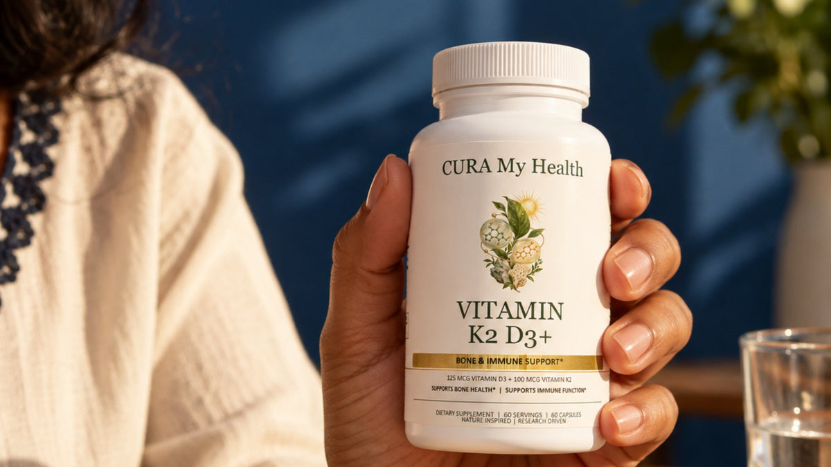 Hand holding a bottle of Vitamin K2/D3+ beside a glass of water, with flowers in the background