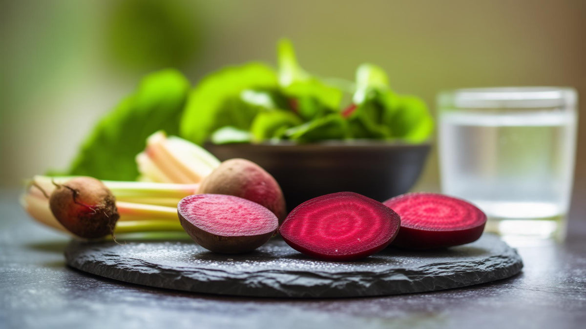 Sliced beetroot and leafy greens beside a glass of water on slate