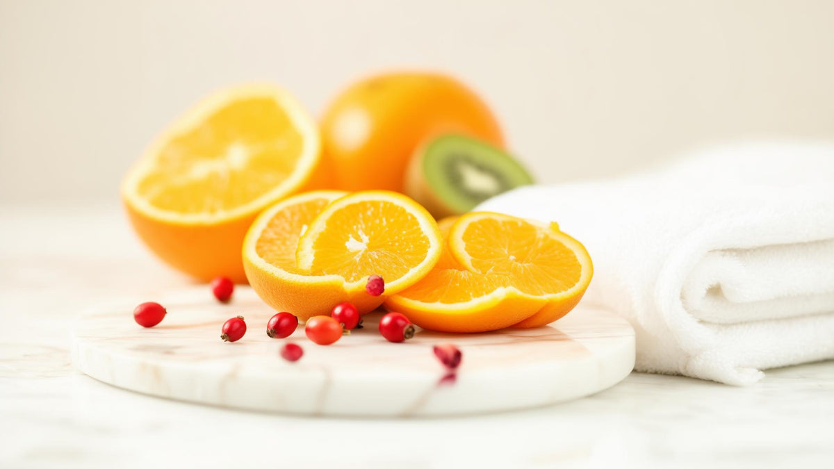 Sliced oranges, kiwi and rosehips on marble, vitamin C from food and skincare ingredients