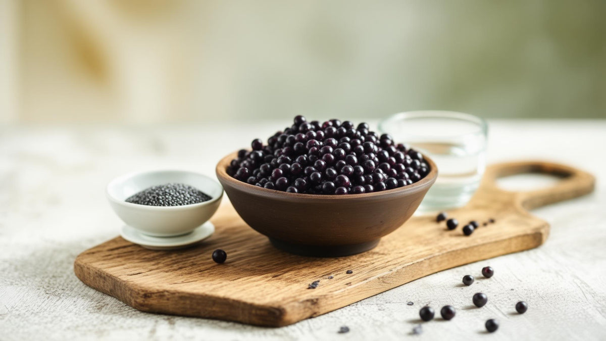 Acai berries, psyllium husk and a glass of water on a wooden board