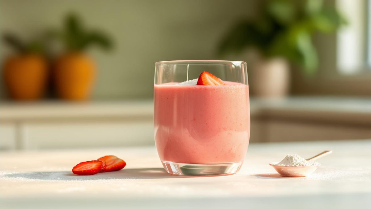 A smoothie, sliced strawberries and a scoop of collagen powder on a morning kitchen counter