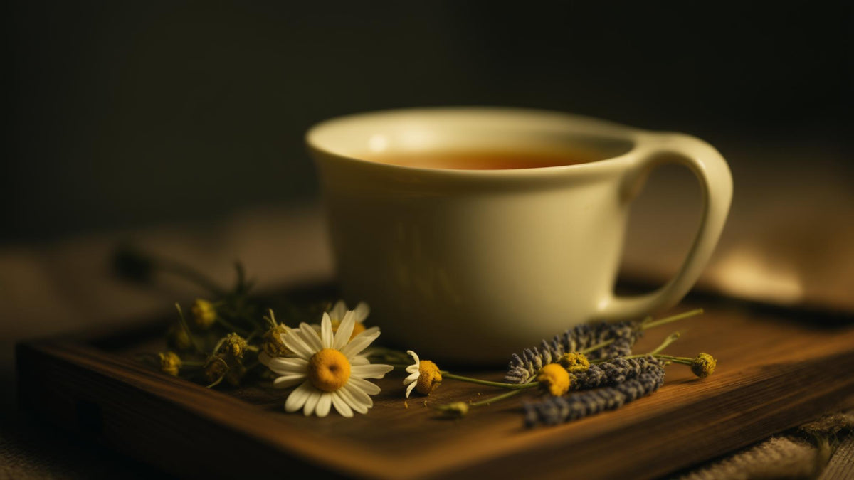 A mug of chamomile tea with dried chamomile flowers and lavender in warm evening light