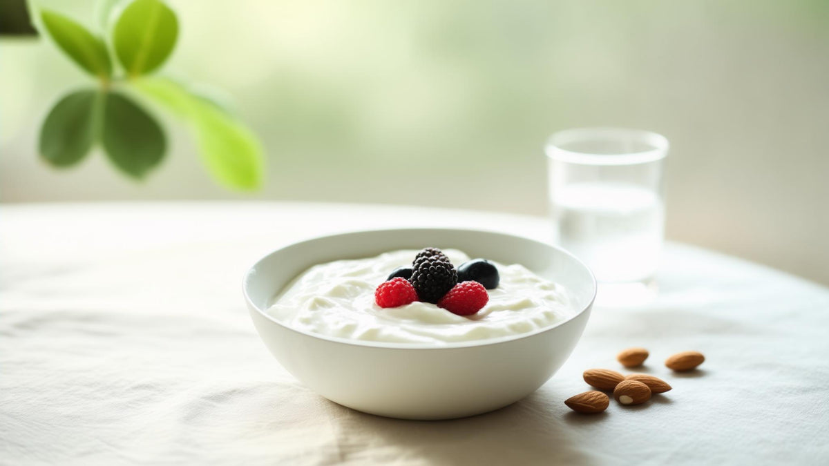 Greek yogurt with berries, almonds and a glass of water on a sunrise breakfast table