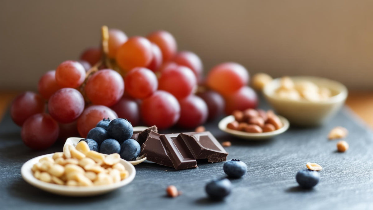 Red grapes, blueberries, dark chocolate and peanuts on slate, foods that contain resveratrol