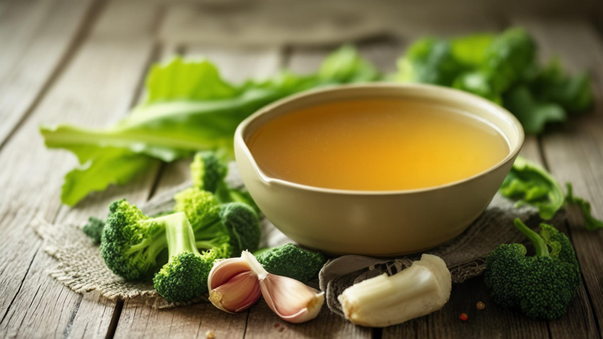A bowl of bone broth beside broccoli, garlic and leafy greens on a wooden table