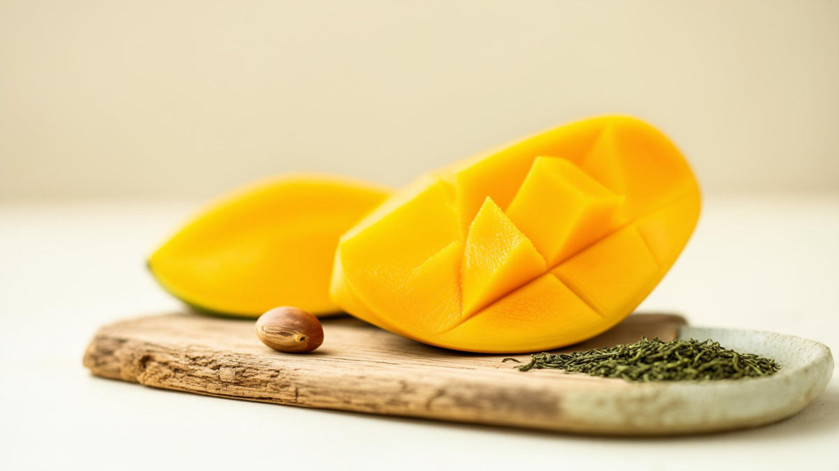 Sliced mango and a mango seed on a wooden board beside green tea leaves
