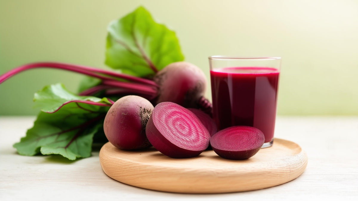 Fresh beetroots, sliced beetroot and a glass of beet juice on a wooden board