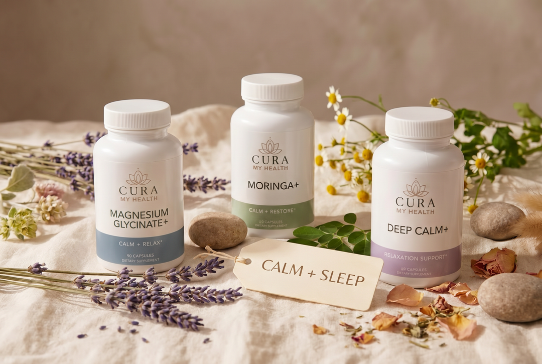 CuraMyHealth Calm + Sleep trio — Magnesium Glycinate+, Moringa+, and Deep Calm+ — for an evening wind-down routine