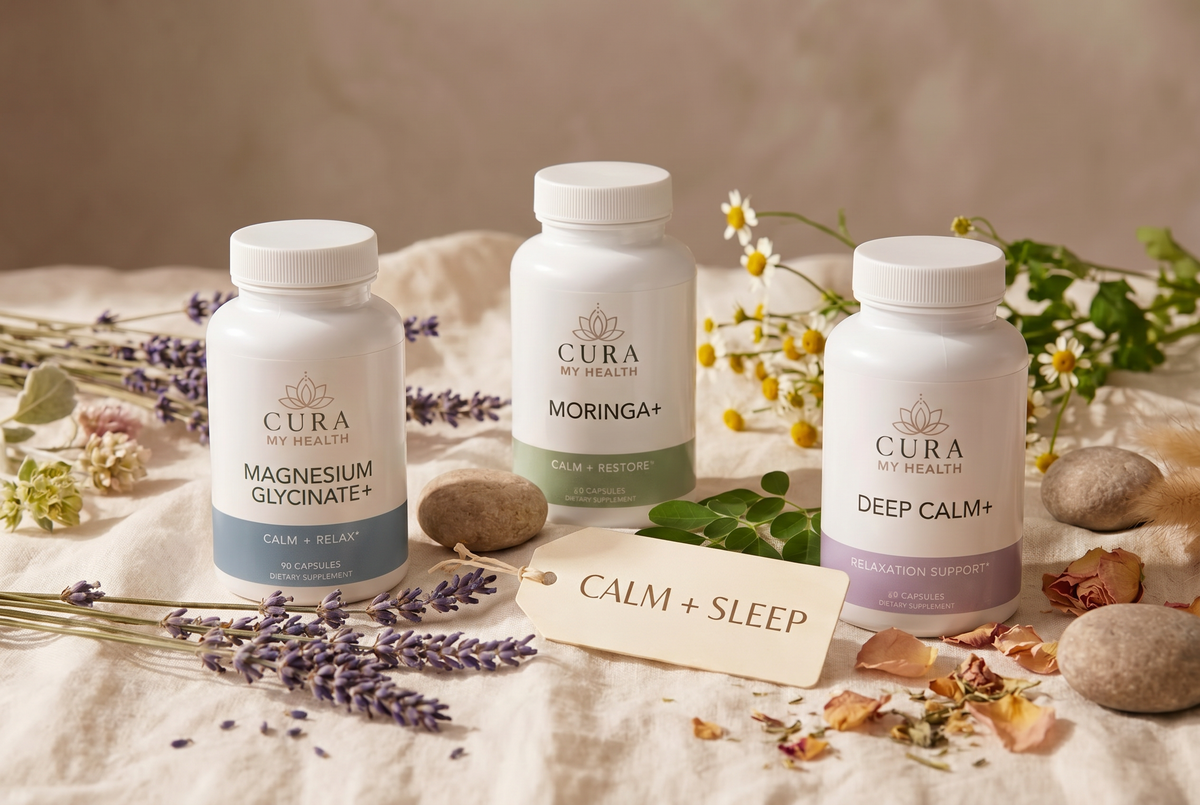 CuraMyHealth Calm + Sleep trio — Magnesium Glycinate+, Moringa+, and Deep Calm+ — for an evening wind-down routine