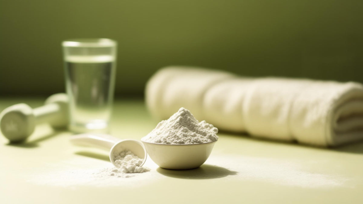 Creatine powder with a scoop, a glass of water and light dumbbells on a light surface