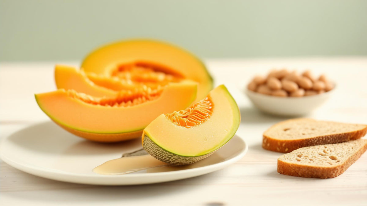 Cantaloupe, orange, beans and whole-grain bread on a light table, foods that contain inositol