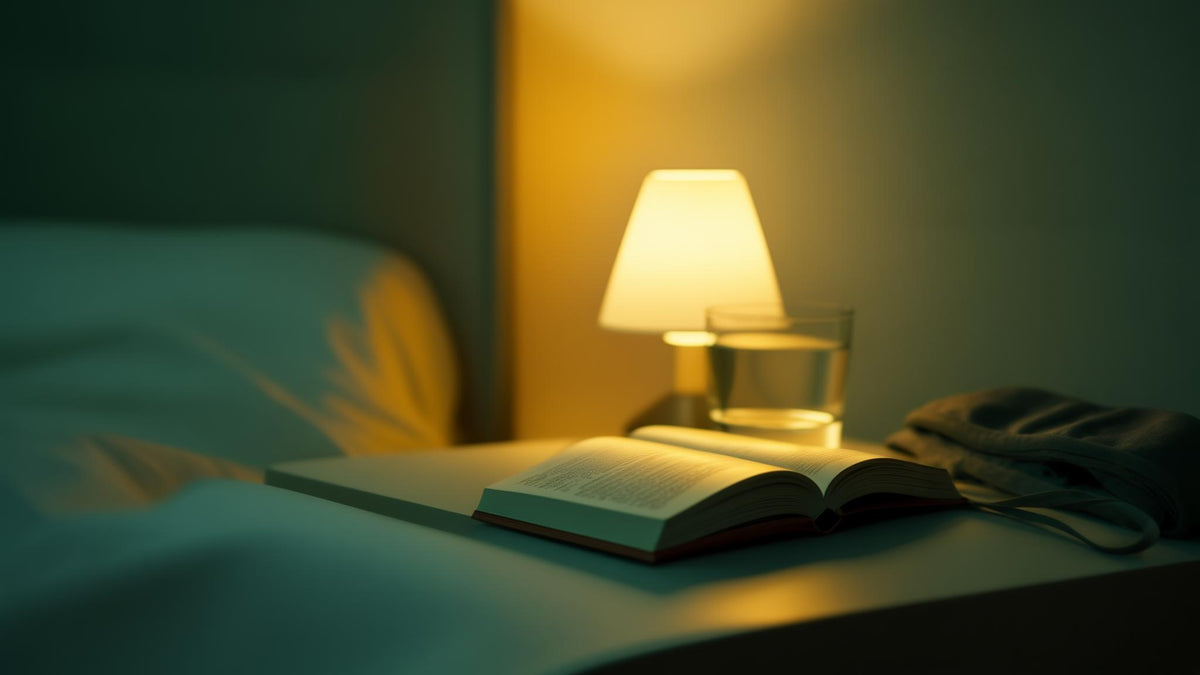 A dim bedside lamp, a book and a glass of water at dusk, a calm bedtime setting