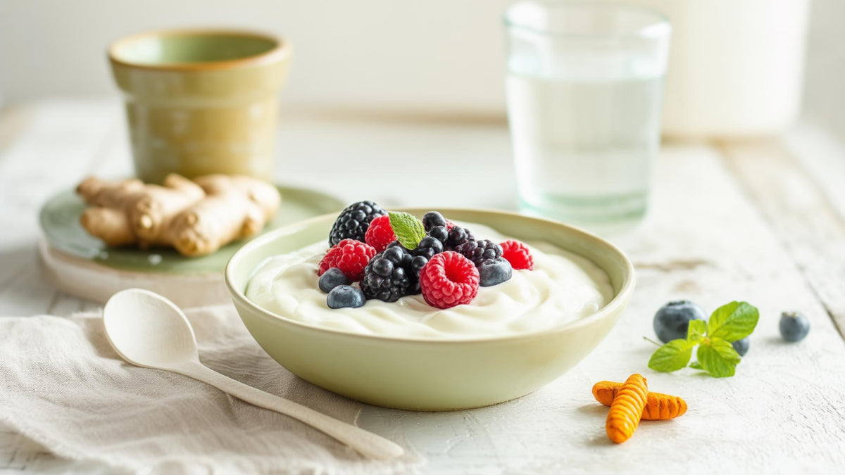 Yogurt with berries, ginger and turmeric root beside a glass of water, foods for a gut reset
