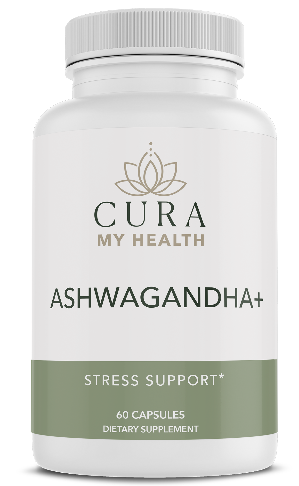 Ashwagandha+ supplement bottle by CuraMyHealth
