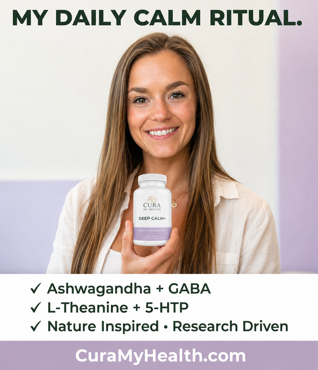CuraMyHealth founder Bri with Deep Calm Formula+ for an evening wind-down routine