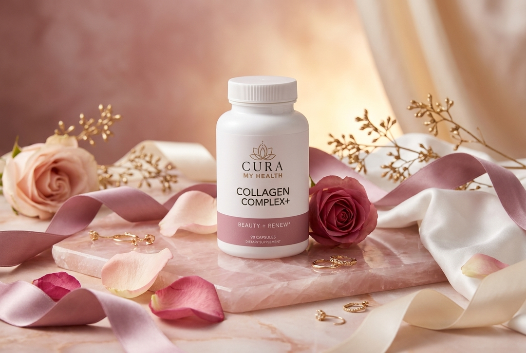 Collagen Complex+ bottle with roses, silk ribbon and rose quartz