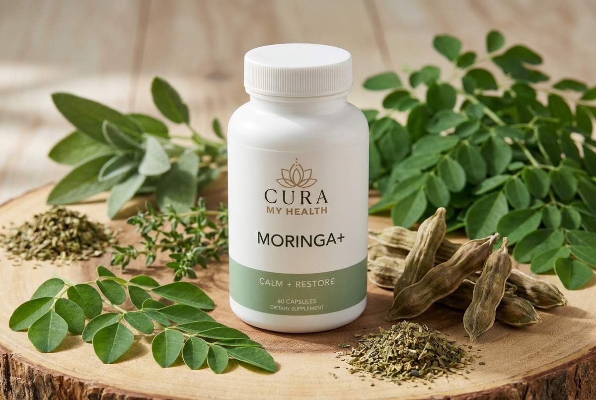 Moringa+ bottle on a wood round with fresh moringa leaves and pods