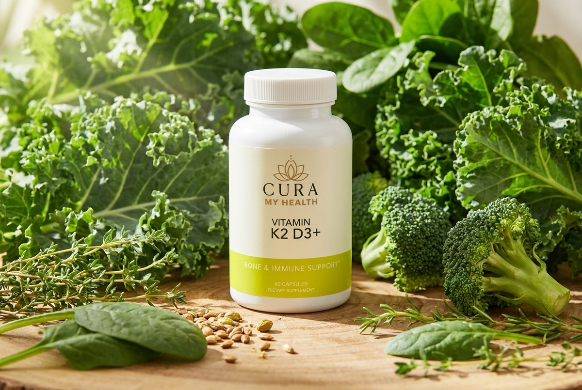Vitamin K2 D3+ bottle surrounded by kale, broccoli and leafy greens