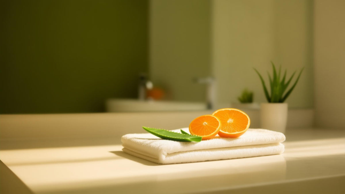 Orange slices, an aloe leaf and a folded towel on a bathroom vanity in morning light