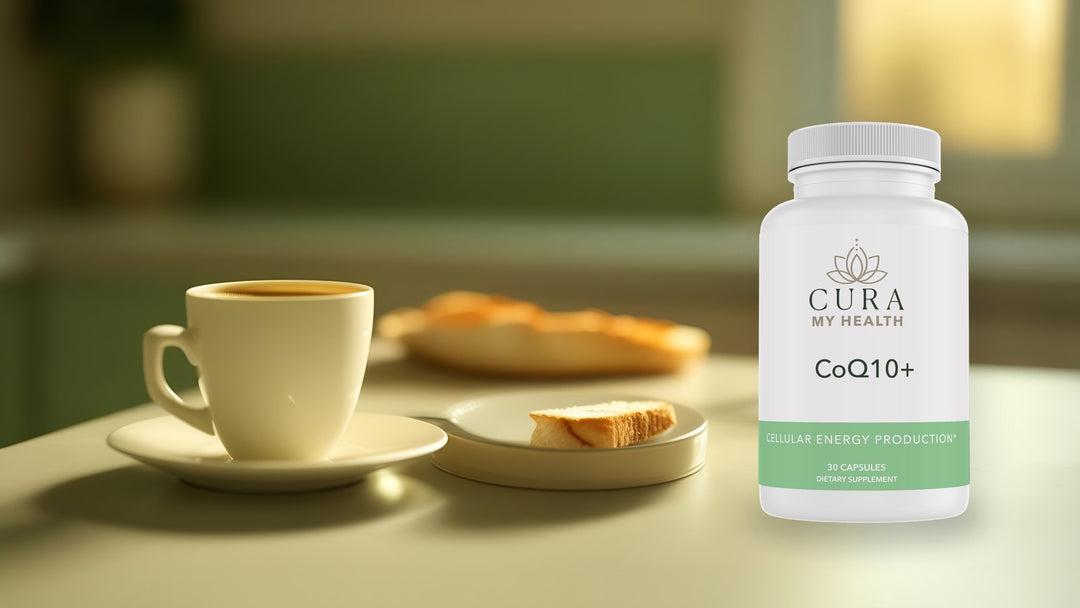 CoQ10+ by CuraMyHealth on a morning kitchen counter beside coffee and a glass of water