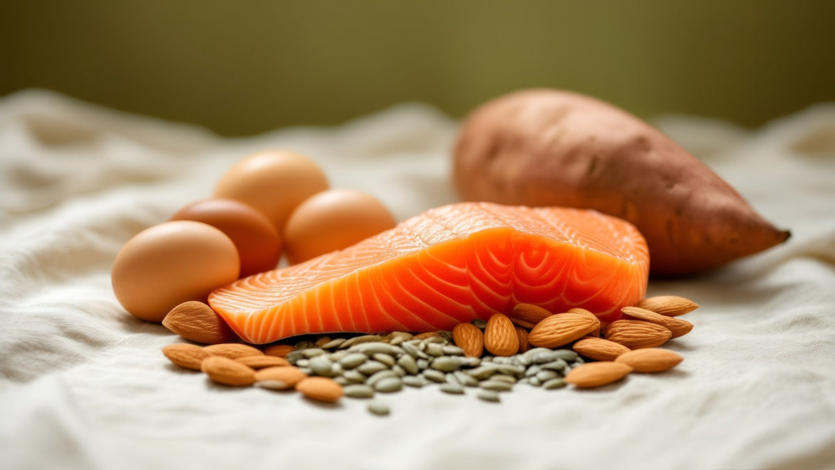 Eggs, salmon, almonds, sunflower seeds and sweet potato on linen, foods rich in biotin