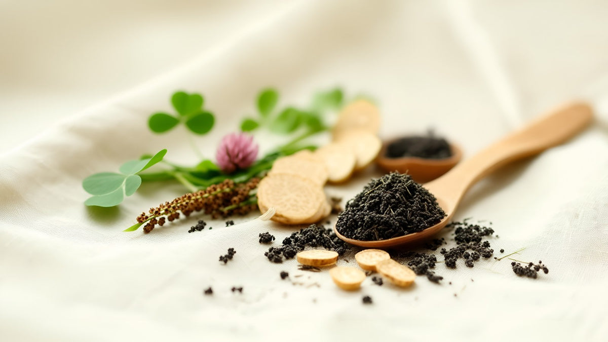 Black cohosh root, red clover blossoms and dong quai root on linen