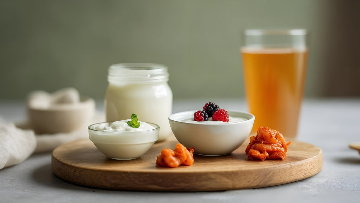 Kefir, yogurt with berries, kimchi and kombucha on a wooden board