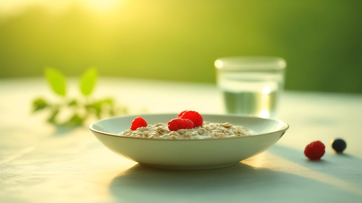 Sunrise light on a simple breakfast table with oats, berries and a glass of water