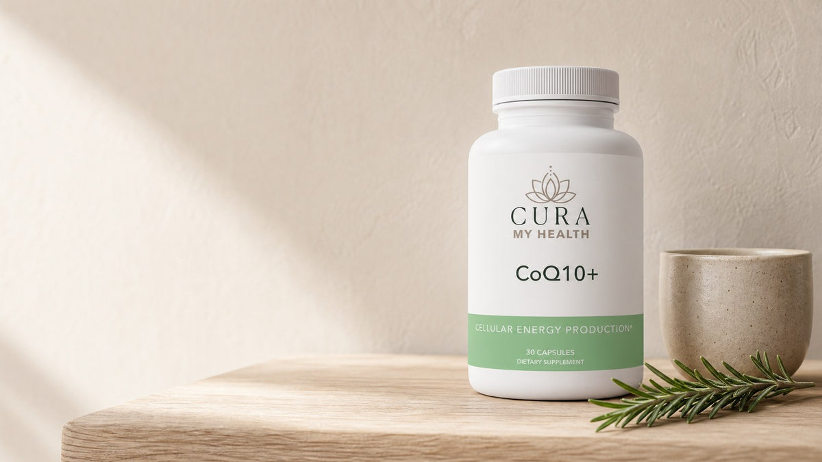CoQ10+ by CuraMyHealth, 200 mg ubiquinone capsules, on a bright morning kitchen counter