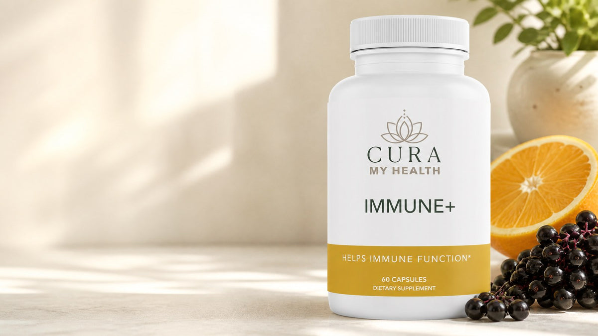 Immune+ by CuraMyHealth on a kitchen counter with fresh citrus