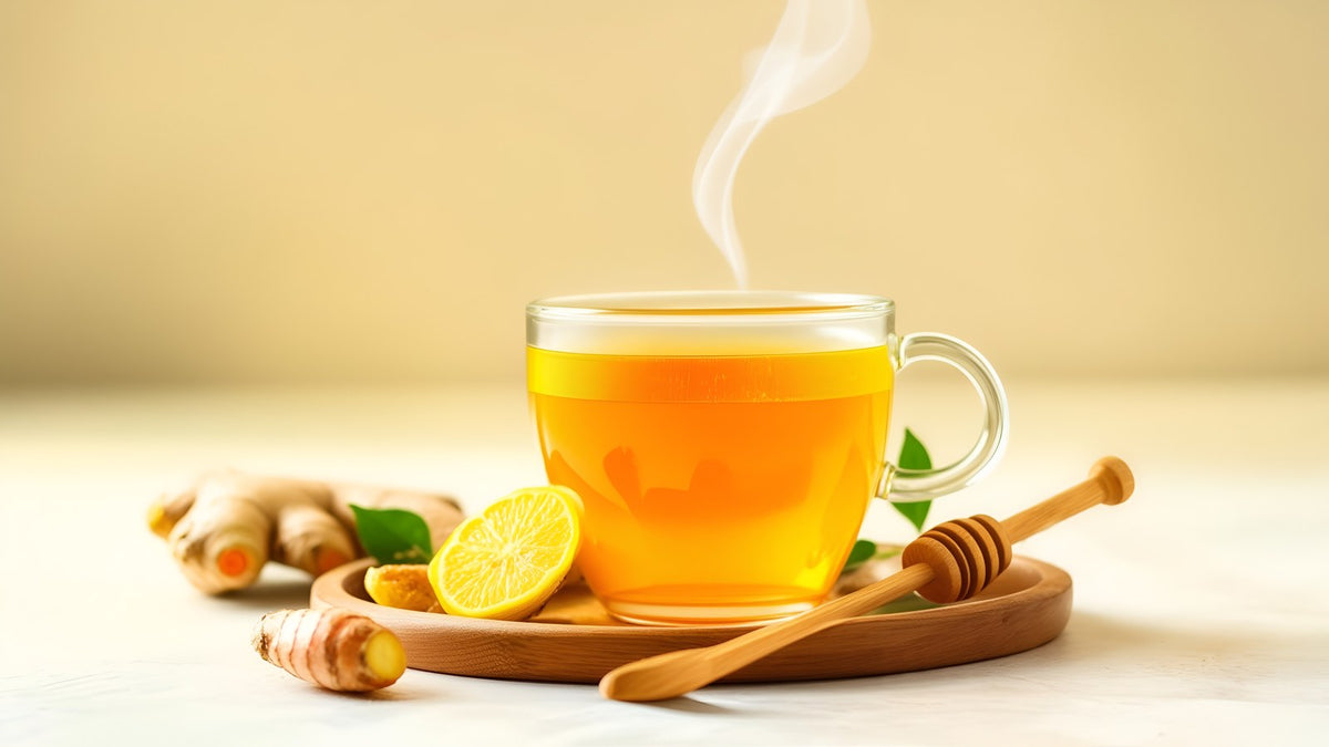 A mug of golden ginger and turmeric tea with lemon and honey on a wooden tray